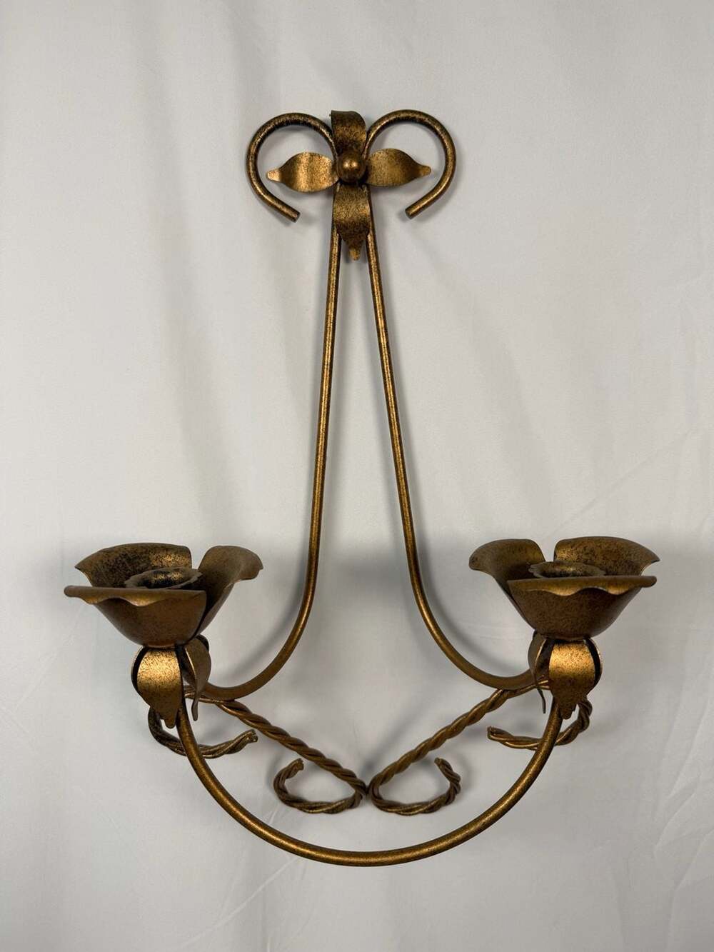 Vintage Gilded Wrought Iron Floral Twist Wall Candle Sconce